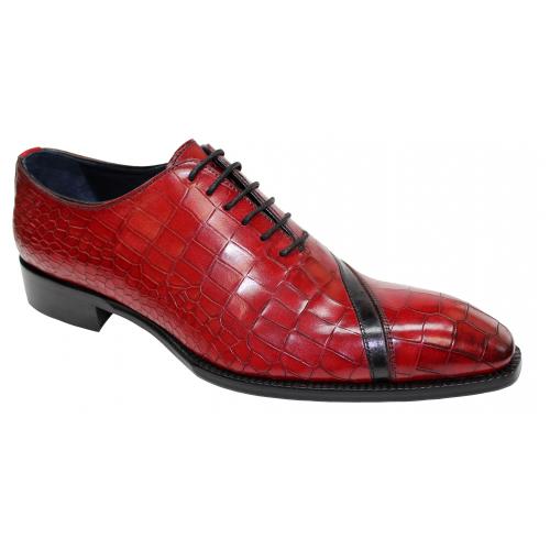 Duca Di Matiste "Torre" Red/Black Genuine Italian Calf Leather Crocodile Print Lace-Up Dress Shoes.